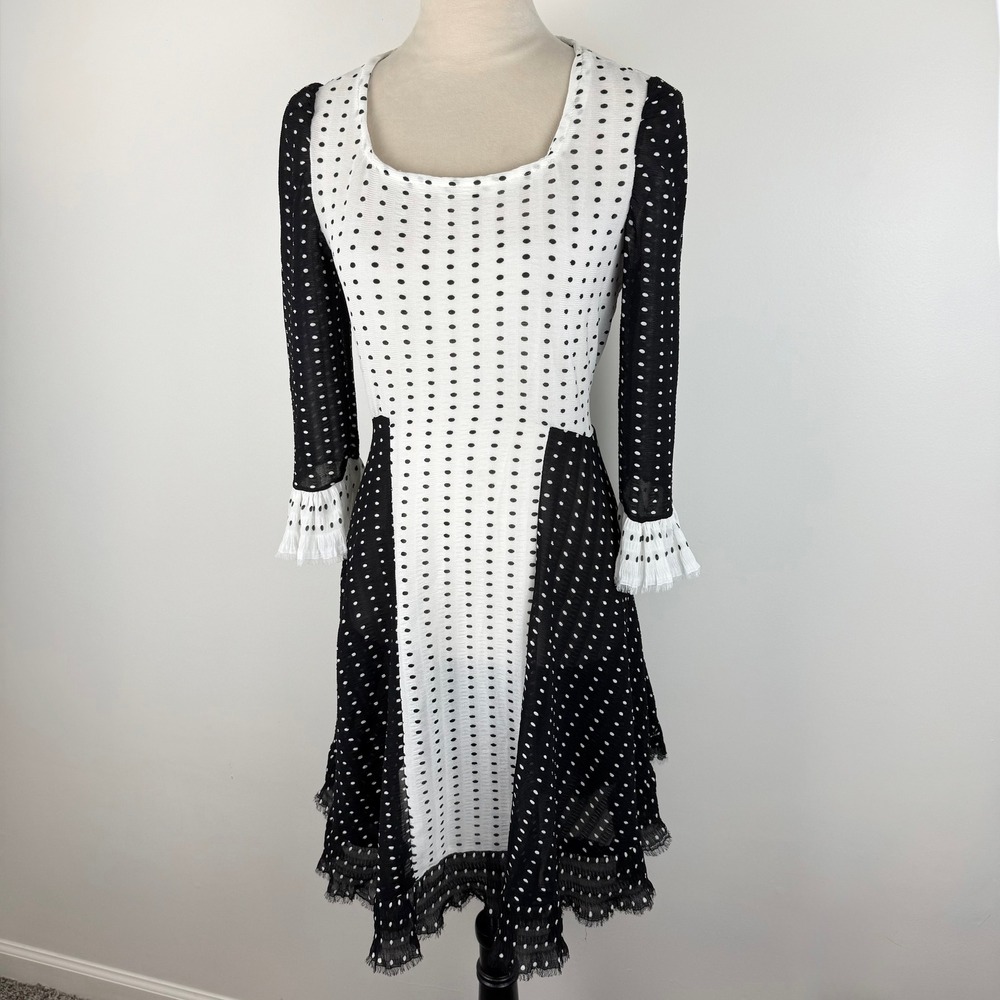 Black & White Polka Dot Ruffle Mini Dress Square Neck 3/4 Sleeve Textured Boho - Picture 2 of 7